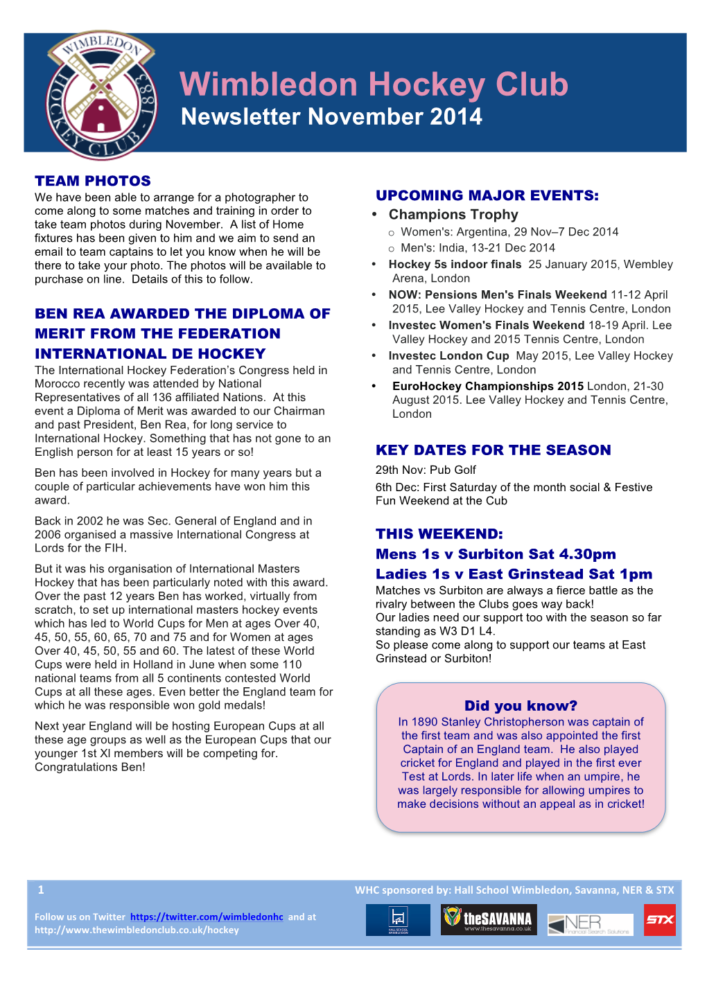 Wimbledon Hockey Club Newsletter November 2014