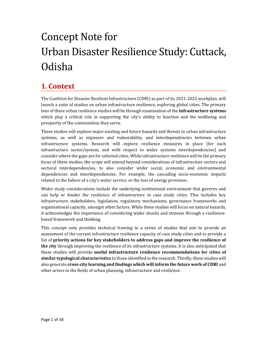 Concept Note for Urban Disaster Resilience Study: Cuttack, Odisha