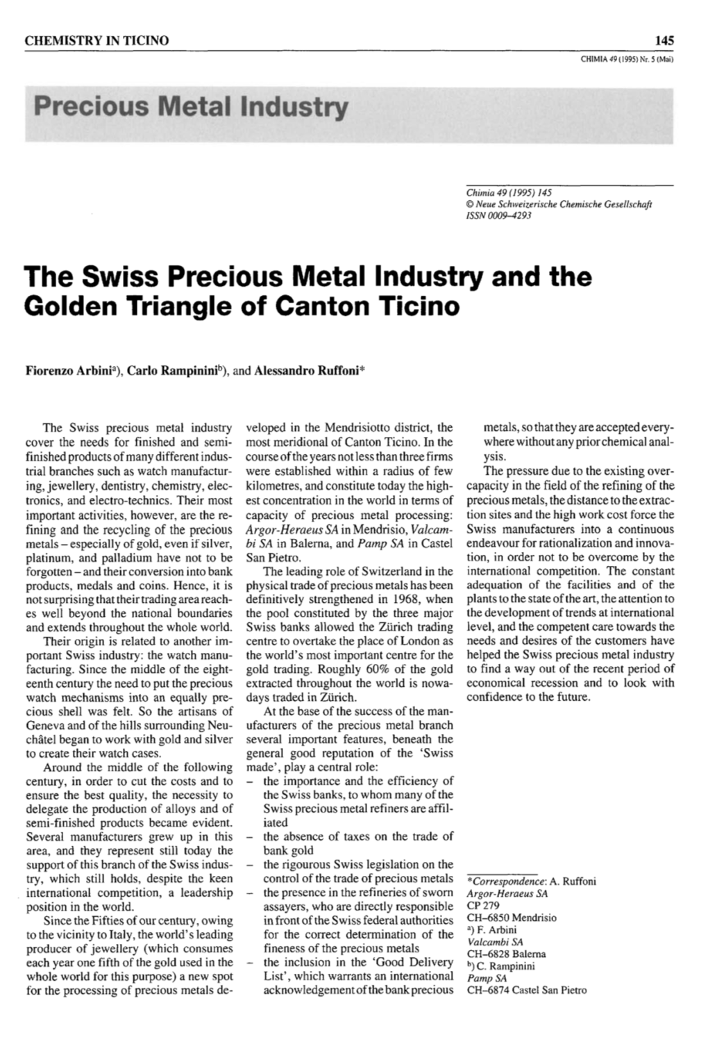 The Swiss Precious Metal Industry and the Golden Triangle of Canton Tieino