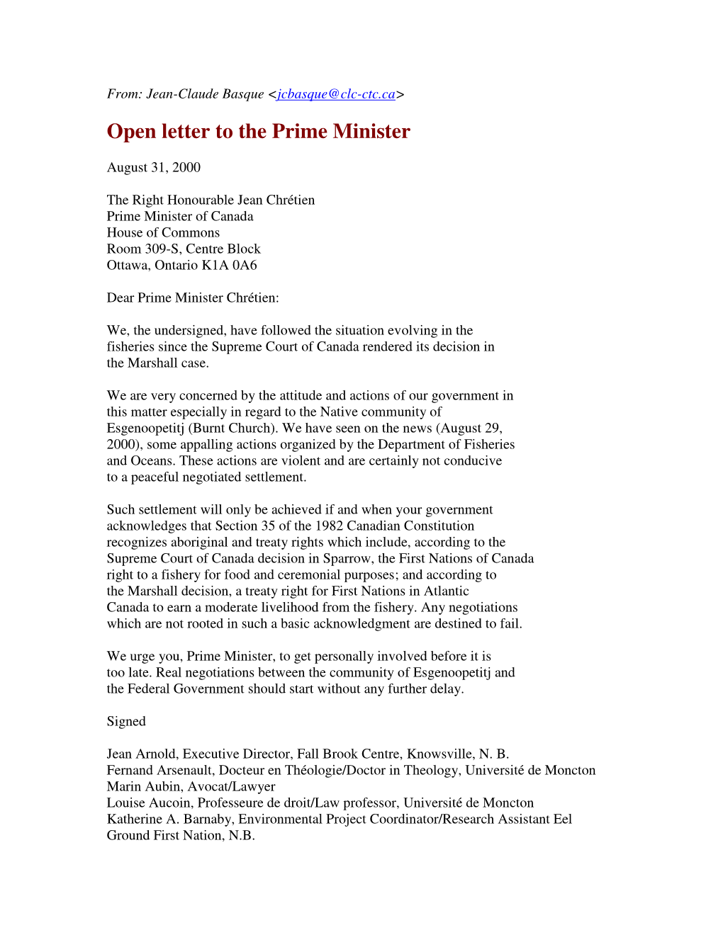 Open Letter to the Prime Minister