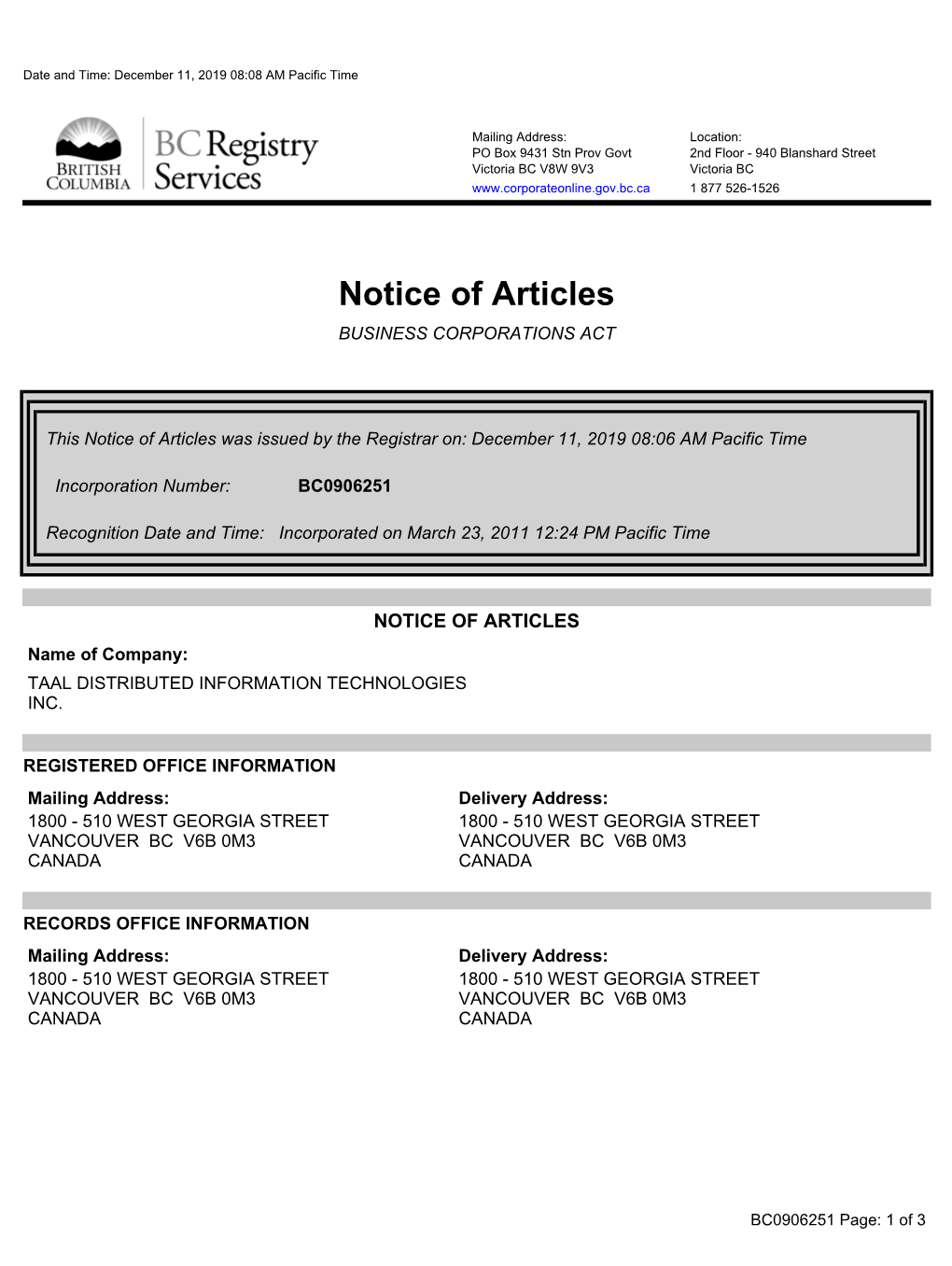 Notice of Articles BUSINESS CORPORATIONS ACT