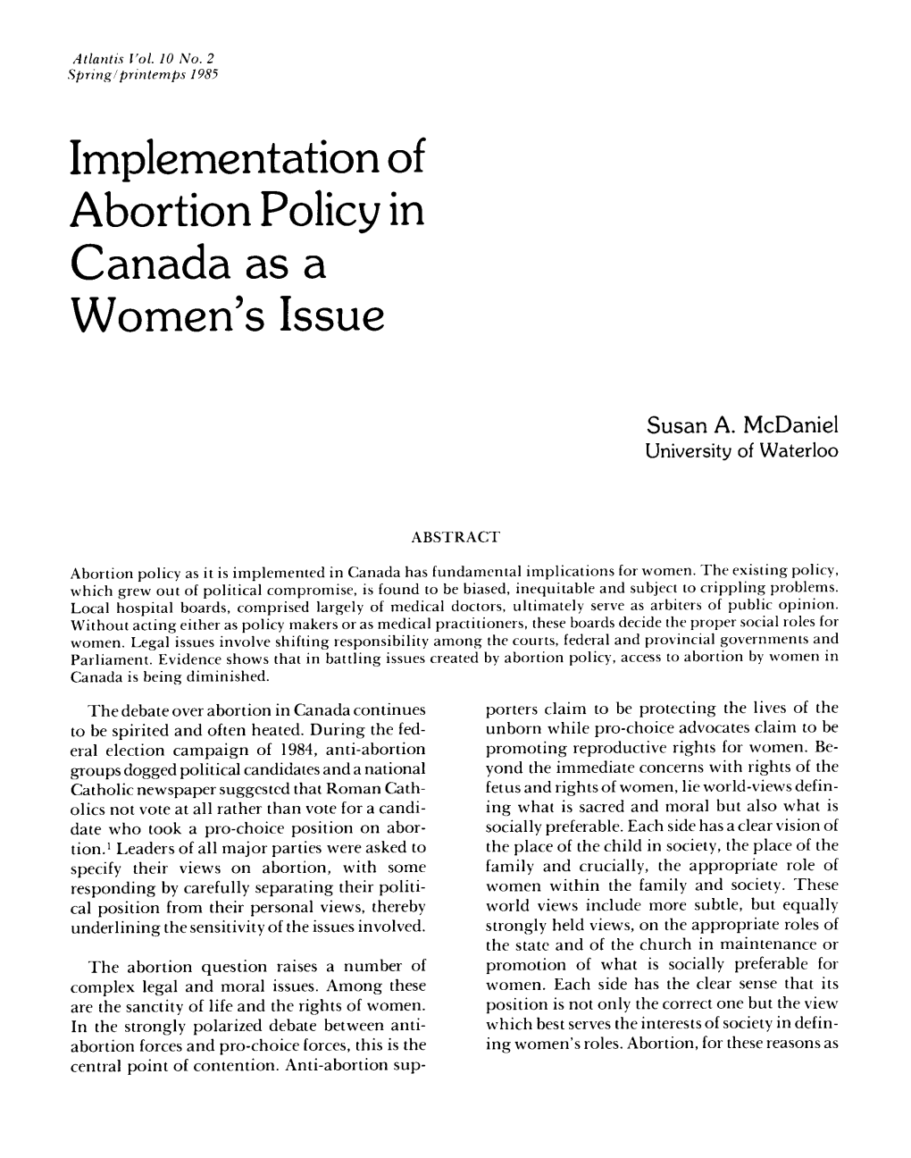 Implementation of Abortion Policy in Canada As a Women's Issue