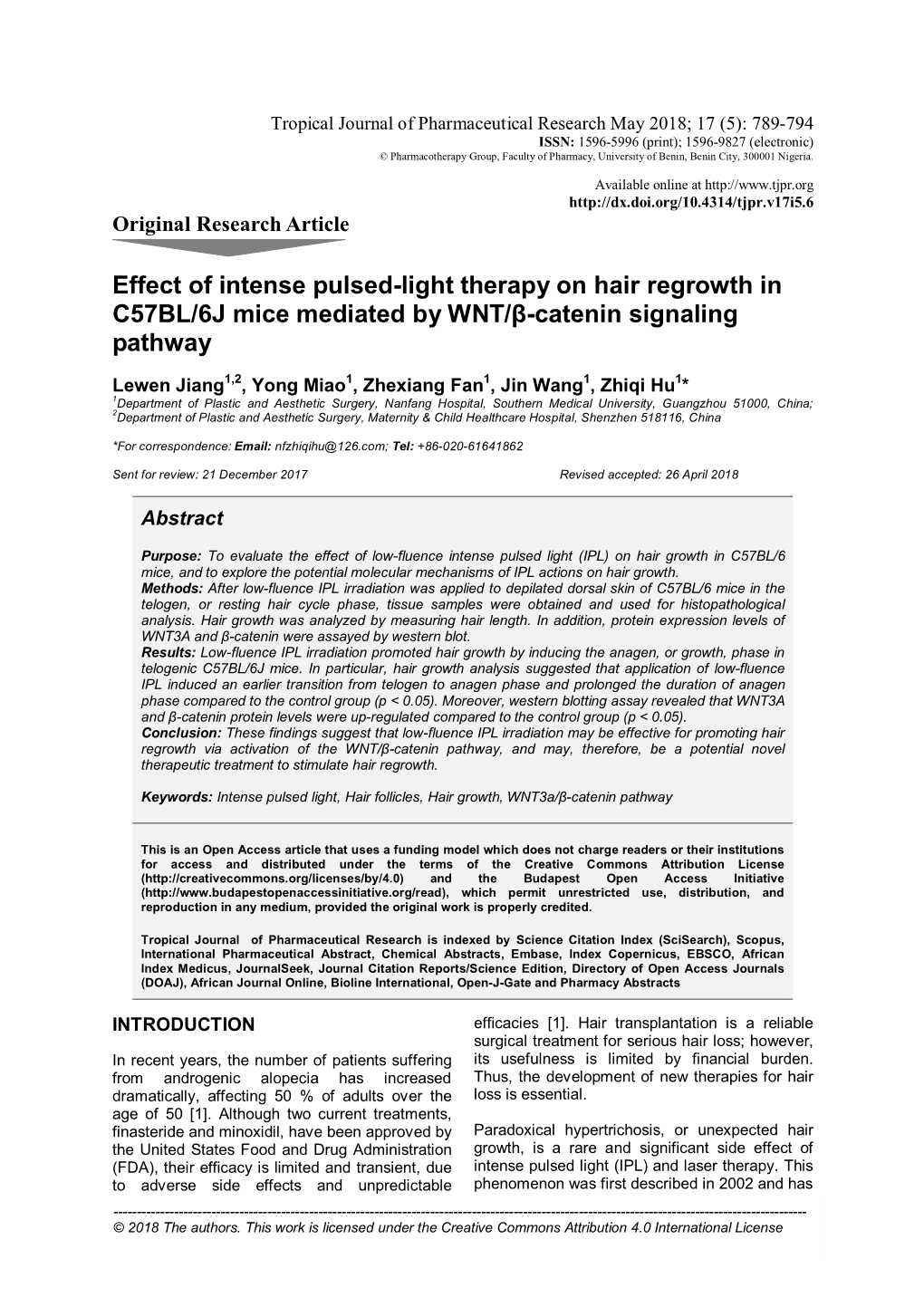 Effect of Intense Pulsed-Light Therapy on Hair Regrowth in C57BL/6J Mice Mediated by WNT/Β-Catenin Signaling Pathway