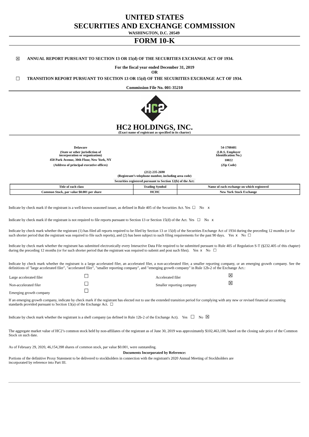 United States Securities and Exchange Commission Form 10-K Hc2 Holdings, Inc