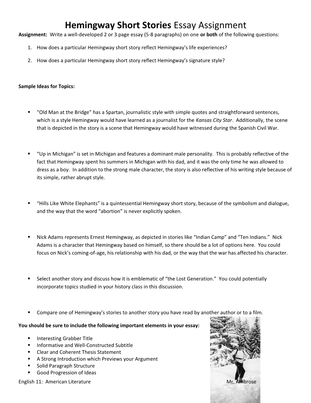 Hemingway Short Stories Essay Assignment