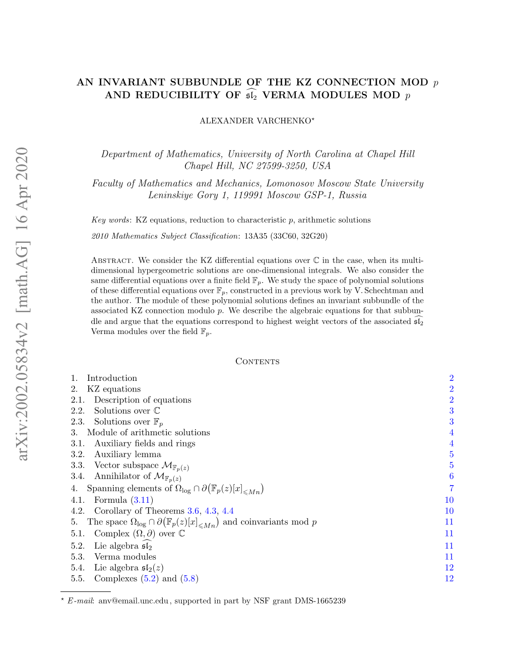 Arxiv:2002.05834V2 [Math.AG] 16 Apr 2020 ⋆ E-Mail .Introduction 1