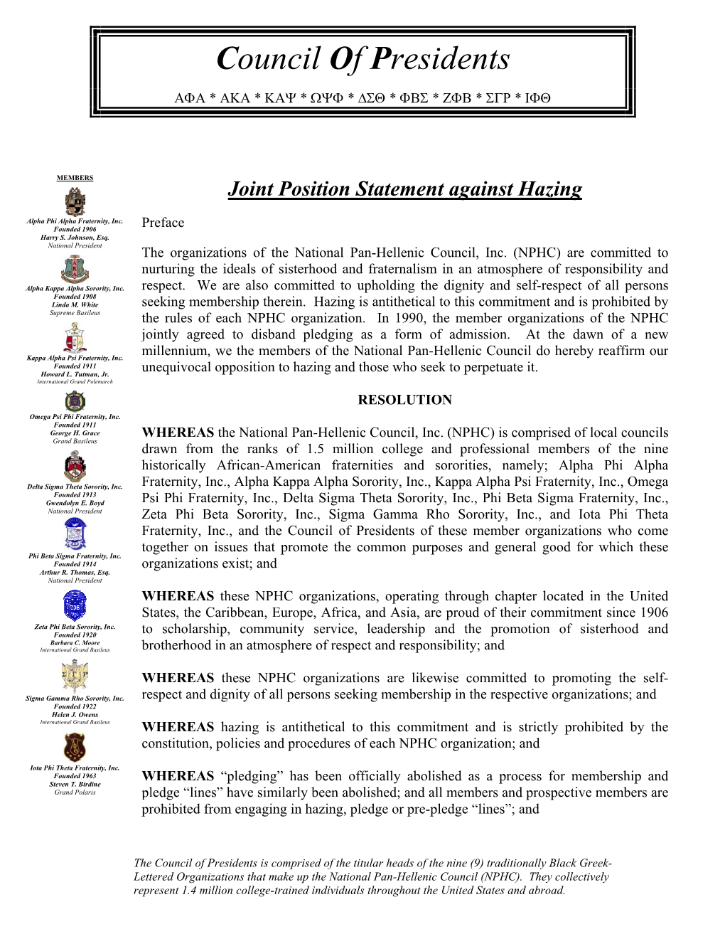 Please Read the NPHC Joint Position Anti