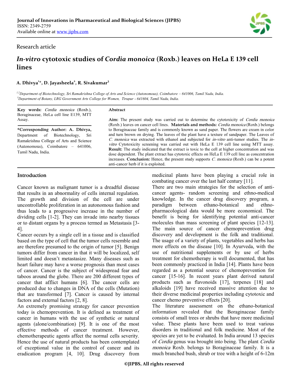 In-Vitro Cytotoxic Studies of Cordia Monoica (Roxb.)