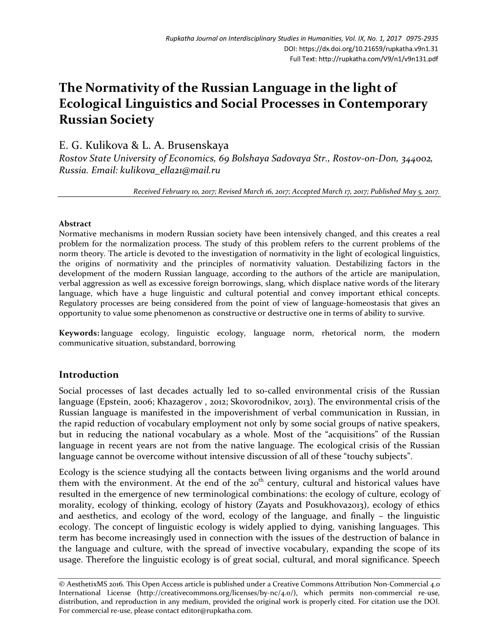 The Normativity of the Russian Language in the Light of Ecological Linguistics and Social Processes in Contemporary Russian Society