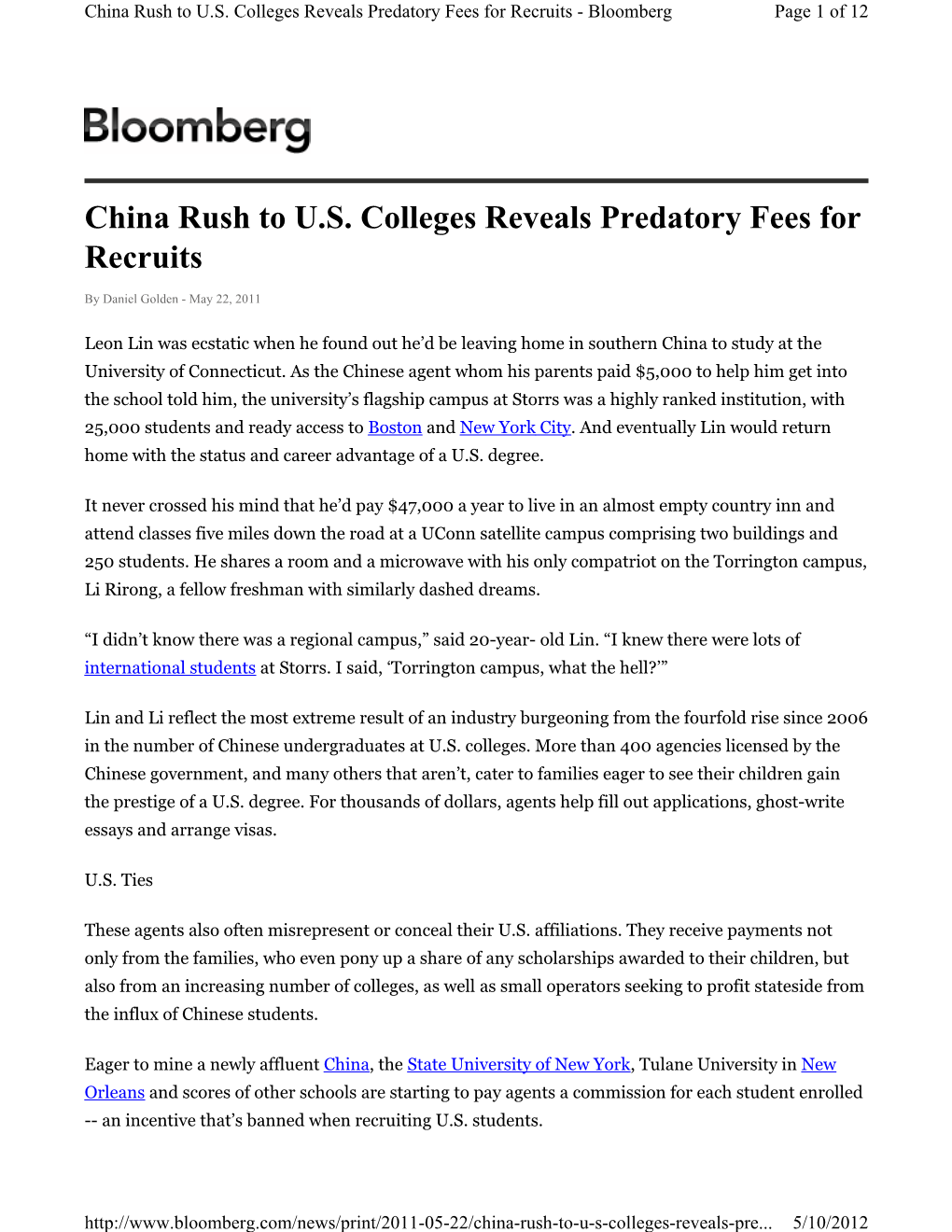 China Rush to U.S. Colleges Reveals Predatory Fees for Recruits - Bloomberg Page 1 of 12