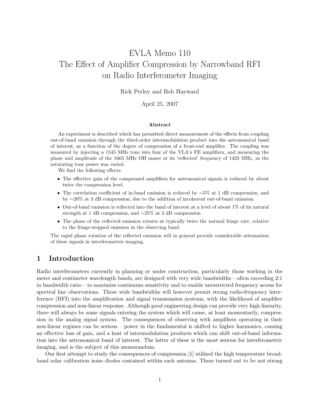 EVLA Memo 110 the Effect of Amplifier Compression By