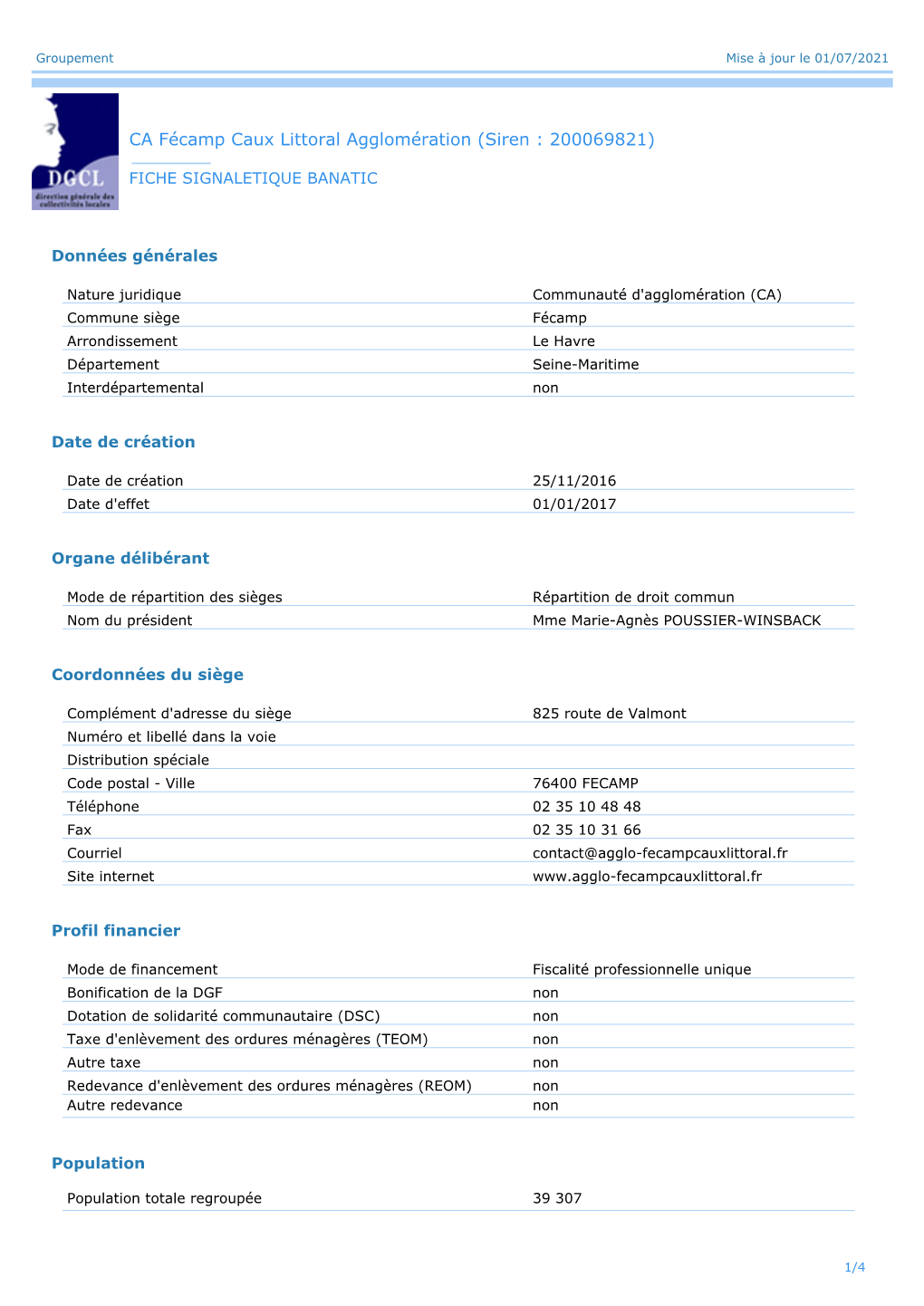 CA Fécamp Caux Littoral Agglomération (Siren : 200069821)