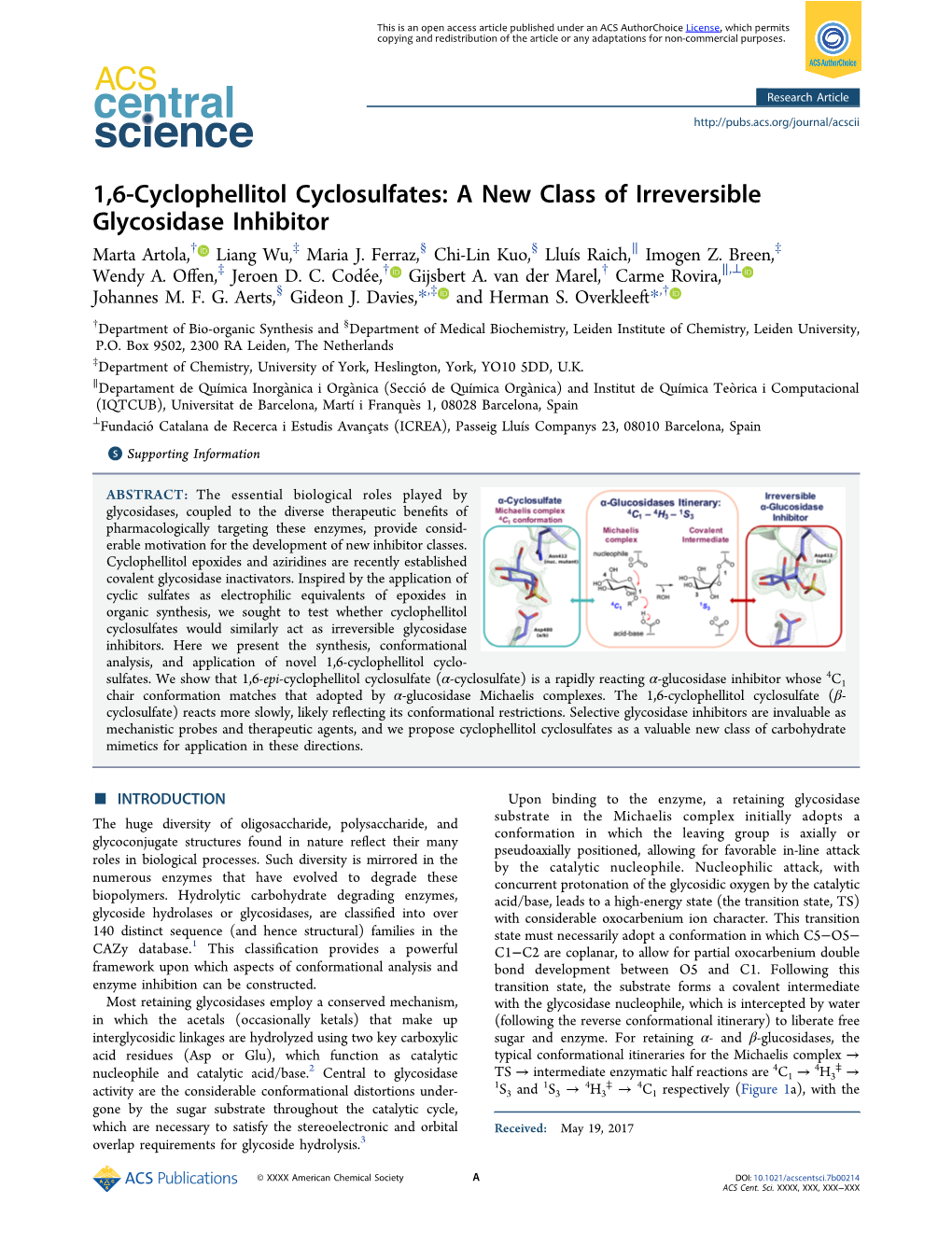 1,6-Cyclophellitol Cyclosulfates: a New Class of Irreversible Glycosidase Inhibitor † ‡ § § ∥ ‡ Marta Artola, Liang Wu, Maria J