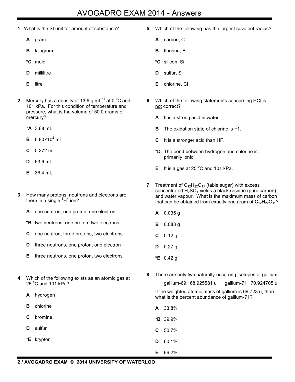 AVOGADRO EXAM 2014 - Answers