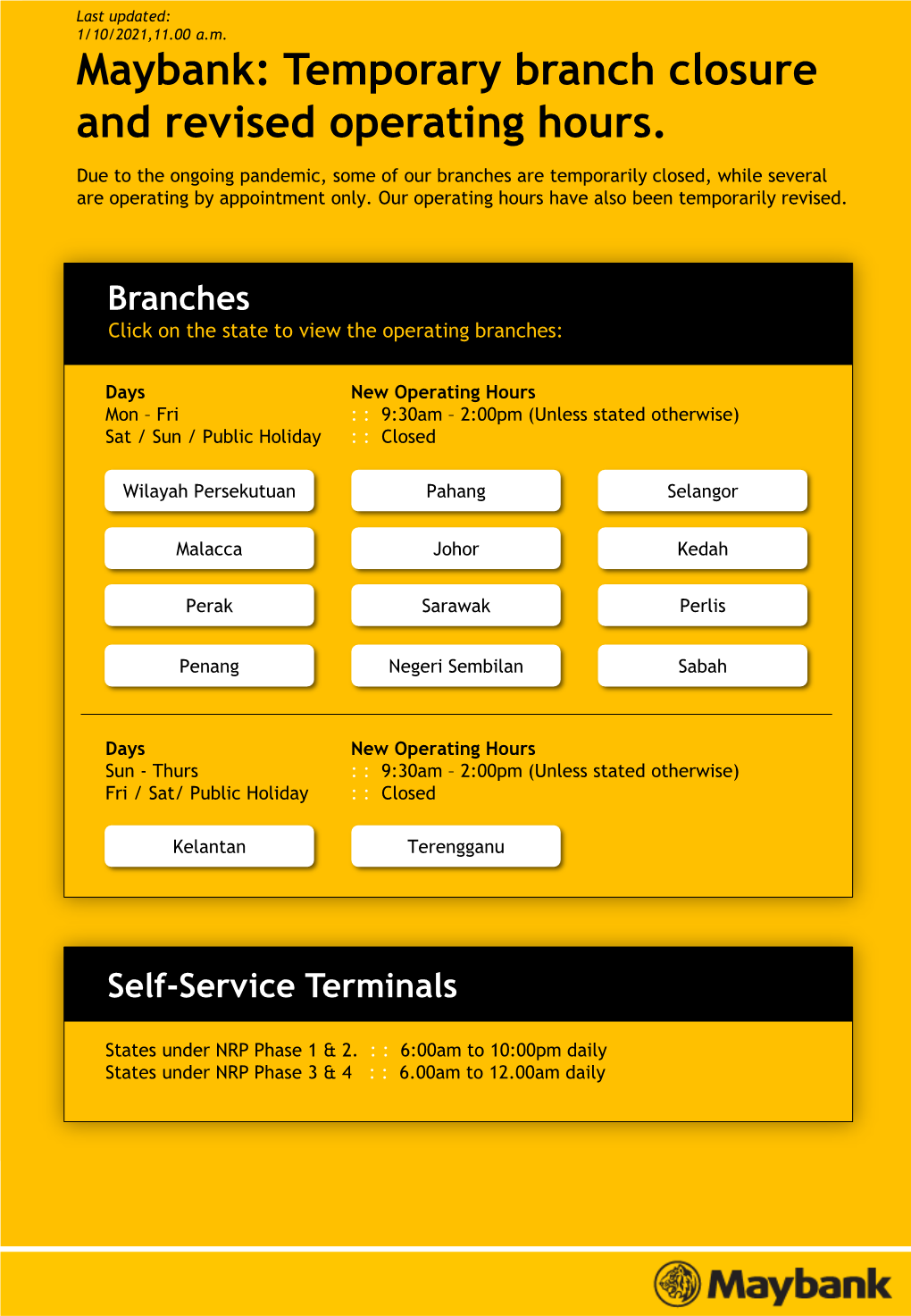 Maybank: Temporary Branch Closure and Revised Operating Hours