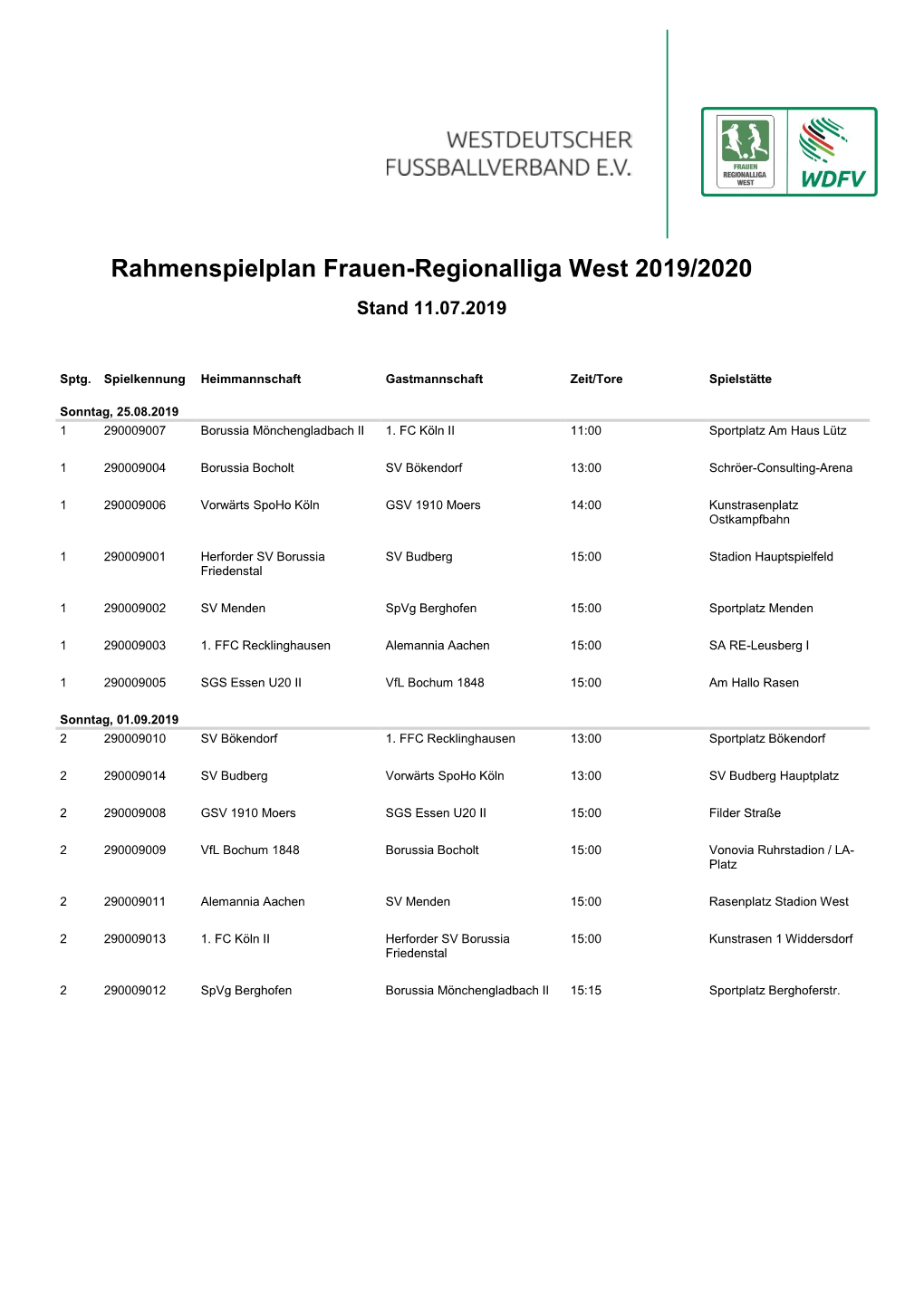 12.07.19 Rahmenspielplan Frauen-Regionalliga West 2019/2020