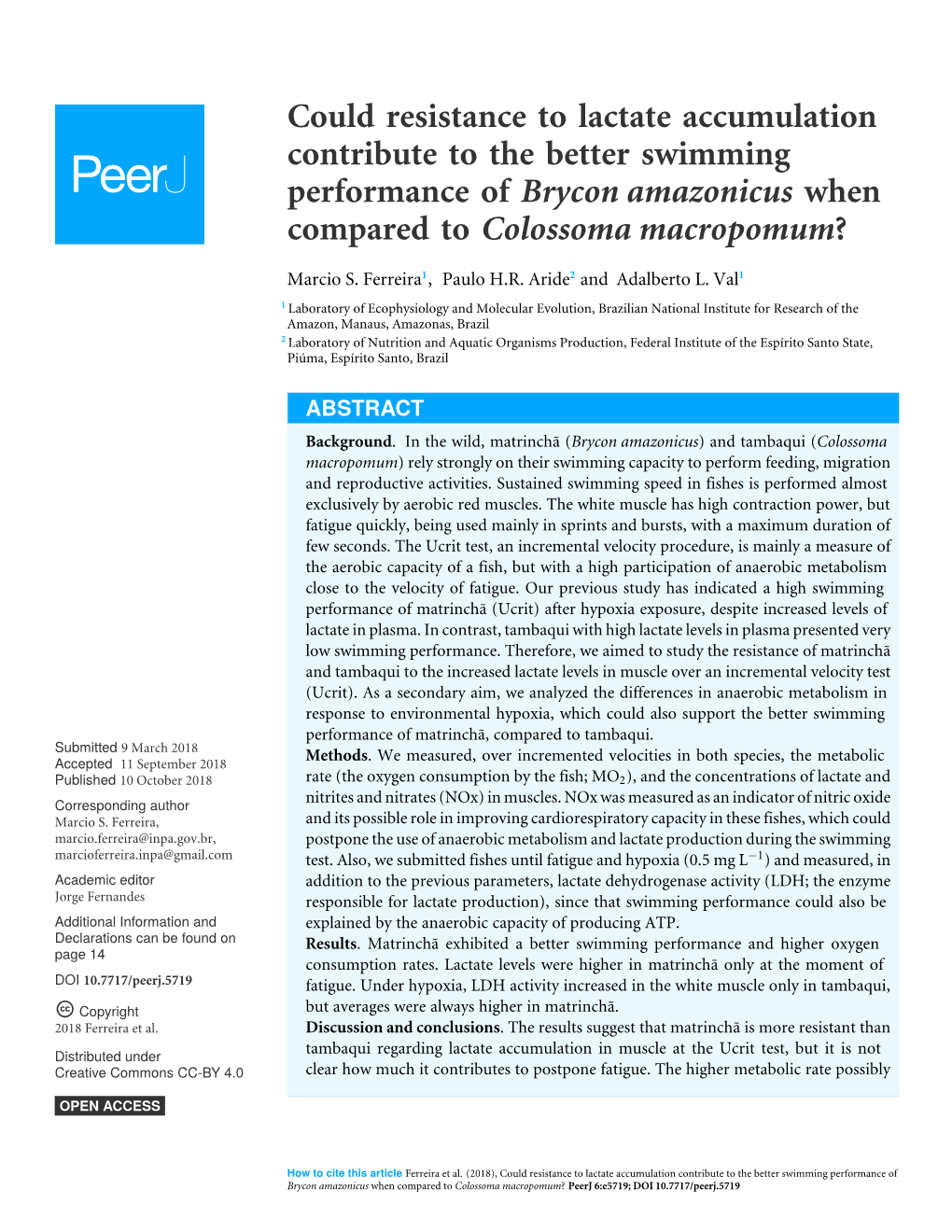 Could Resistance to Lactate Accumulation Contribute to the Better Swimming Performance of Brycon Amazonicus When Compared to Colossoma Macropomum?