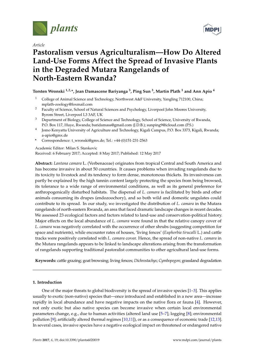 Pastoralism Versus Agriculturalism—How Do Altered Land-Use Forms Affect the Spread of Invasive Plants in the Degraded Mutara Rangelands of North-Eastern Rwanda?