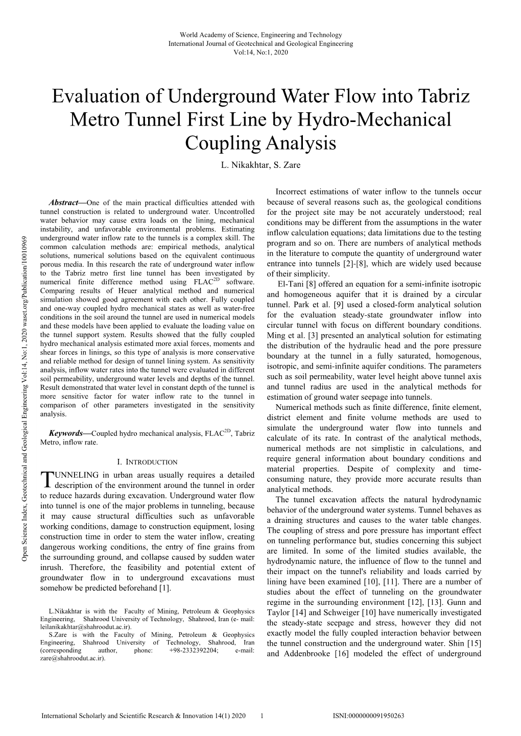 Evaluation of Underground Water Flow Into Tabriz Metro Tunnel First Line by Hydro-Mechanical Coupling Analysis L