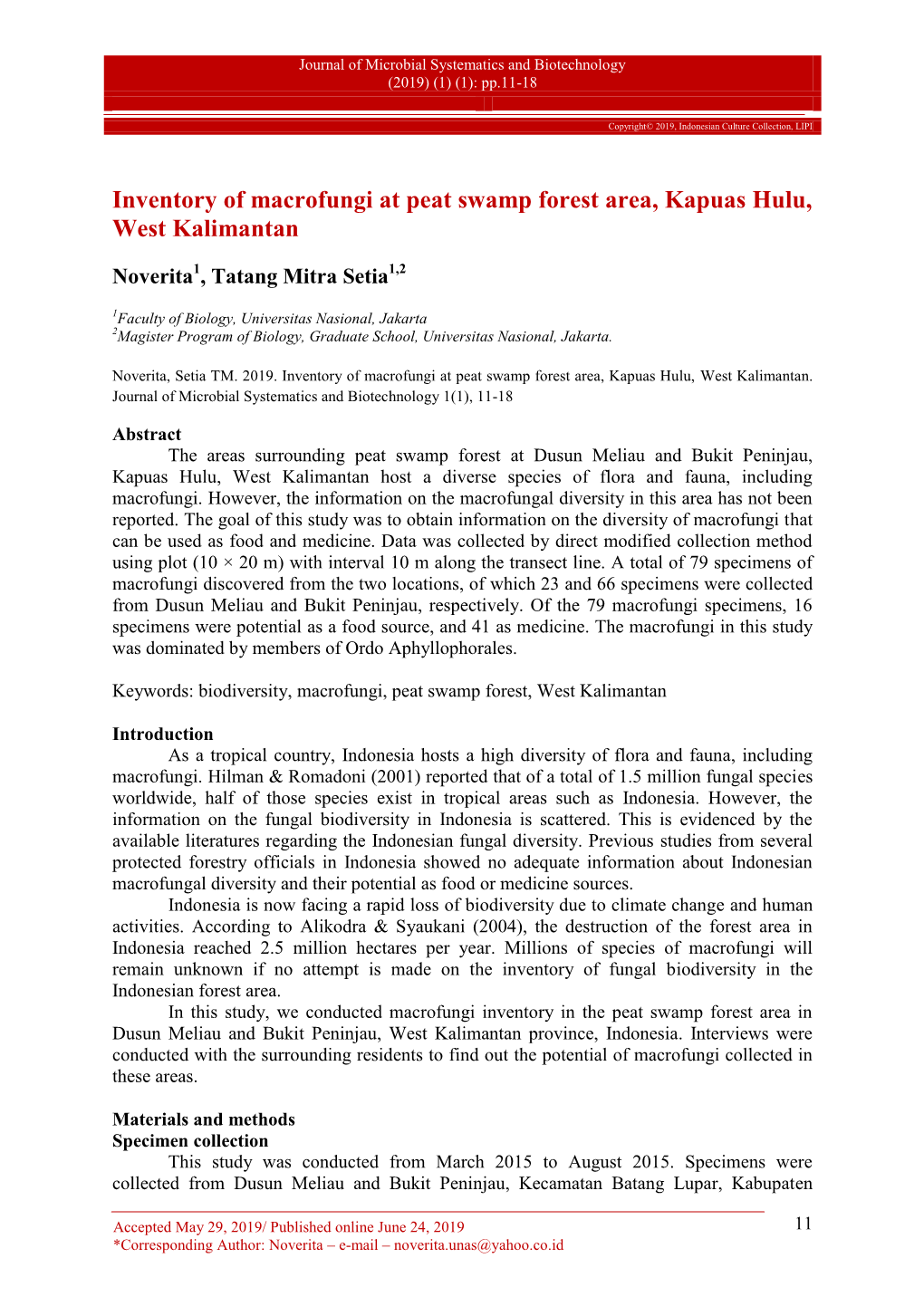 Inventory of Macrofungi at Peat Swamp Forest Area, Kapuas Hulu, West Kalimantan