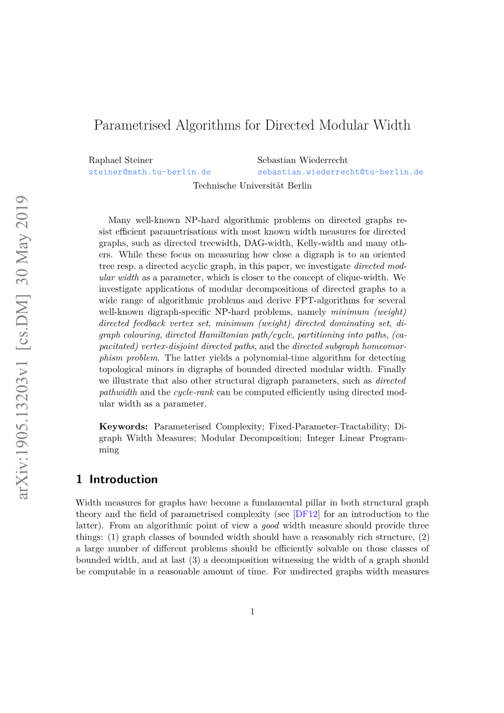 Parametrised Algorithms for Directed Modular Width