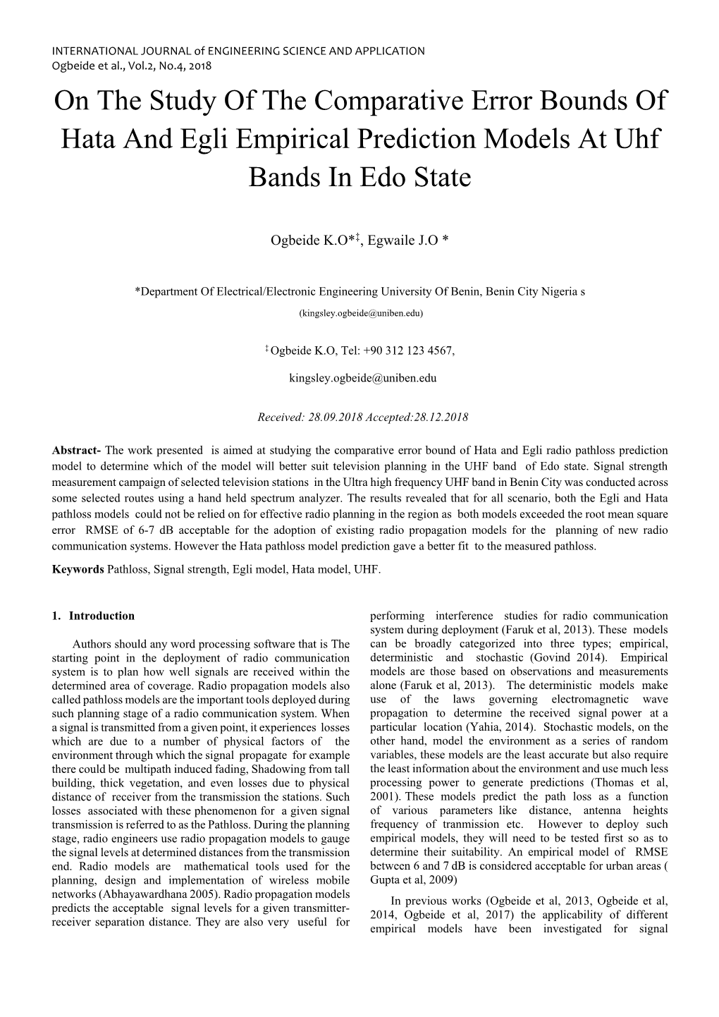 On the Study of the Comparative Error Bounds of Hata and Egli Empirical Prediction Models at Uhf Bands in Edo State