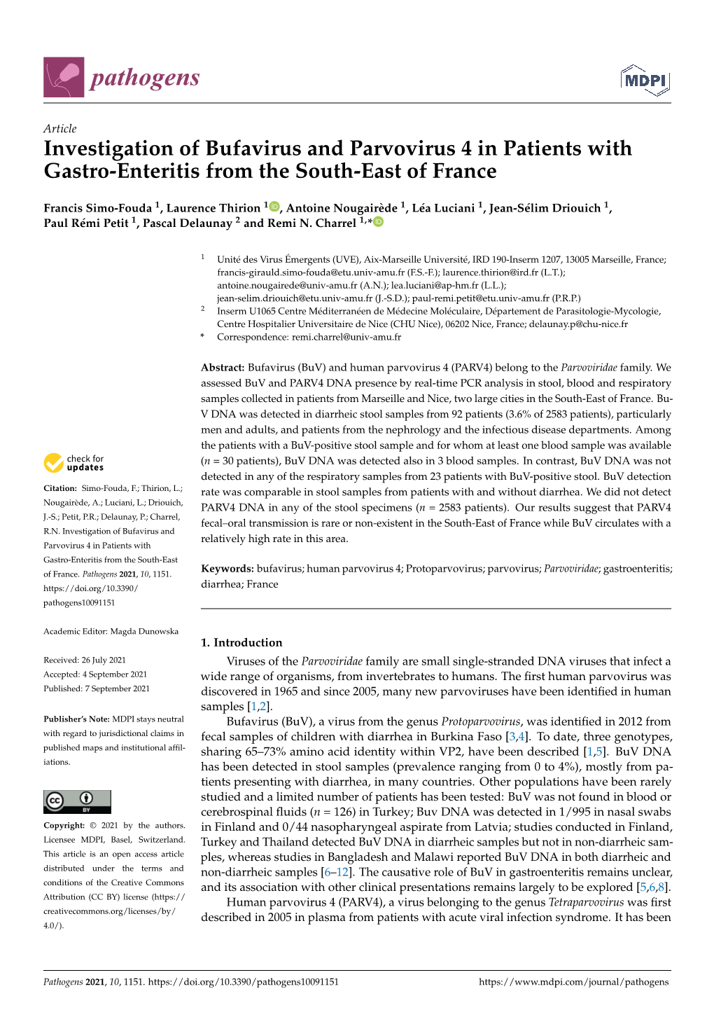 Investigation of Bufavirus and Parvovirus 4 in Patients with Gastro-Enteritis from the South-East of France
