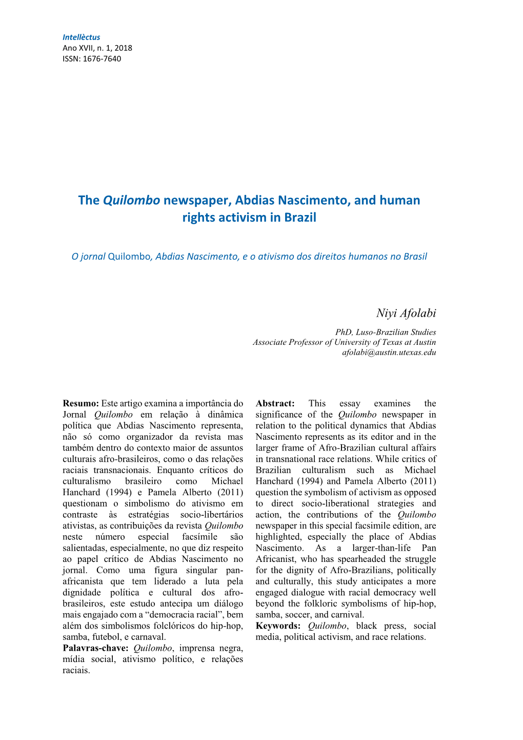 The Quilombo Newspaper, Abdias Nascimento, and Human Rights Activism in Brazil
