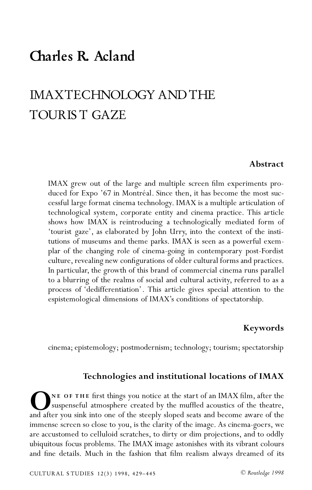 Imaxtechnology and the Tourist Gaze