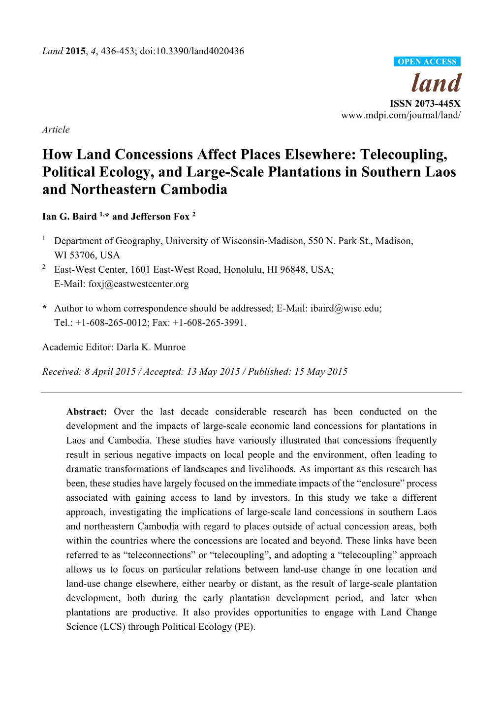 Telecoupling, Political Ecology, and Large-Scale Plantations in Southern Laos and Northeastern Cambodia