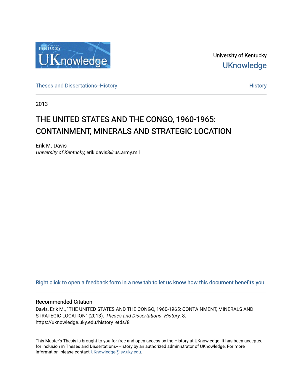 The United States and the Congo, 1960-1965: Containment, Minerals and Strategic Location