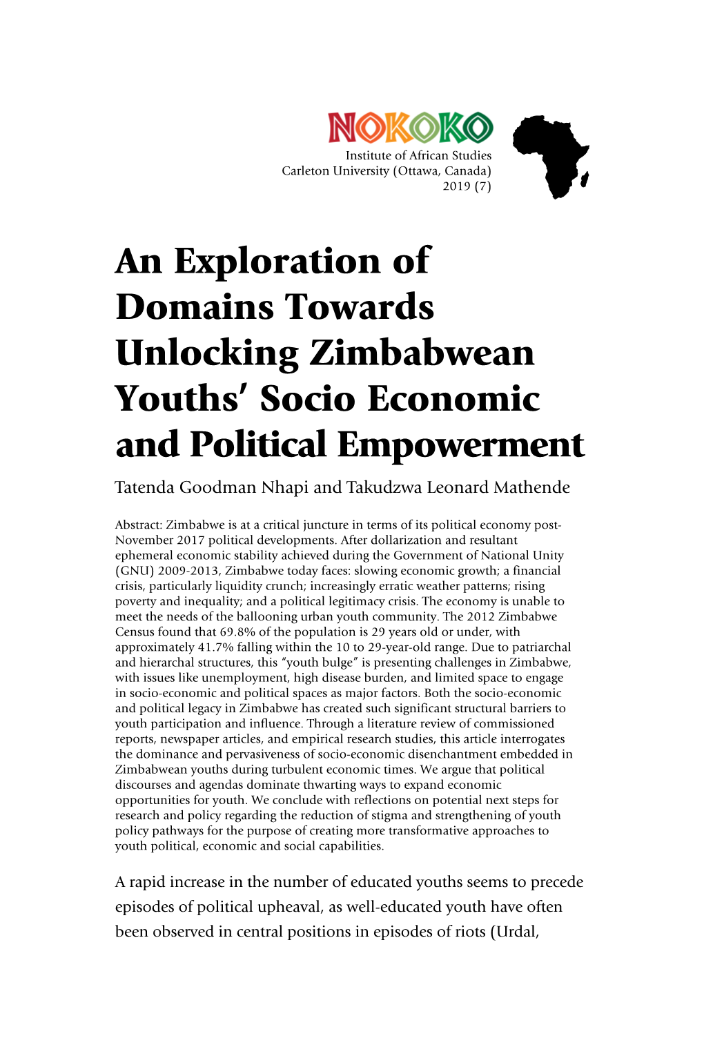 An Exploration of Domains Towards Unlocking Zimbabwean Youths’ Socio Economic and Political Empowerment Tatenda Goodman Nhapi and Takudzwa Leonard Mathende