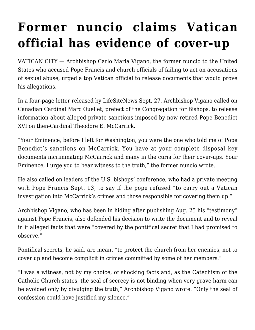 Former Nuncio Claims Vatican Official Has Evidence of Cover-Up