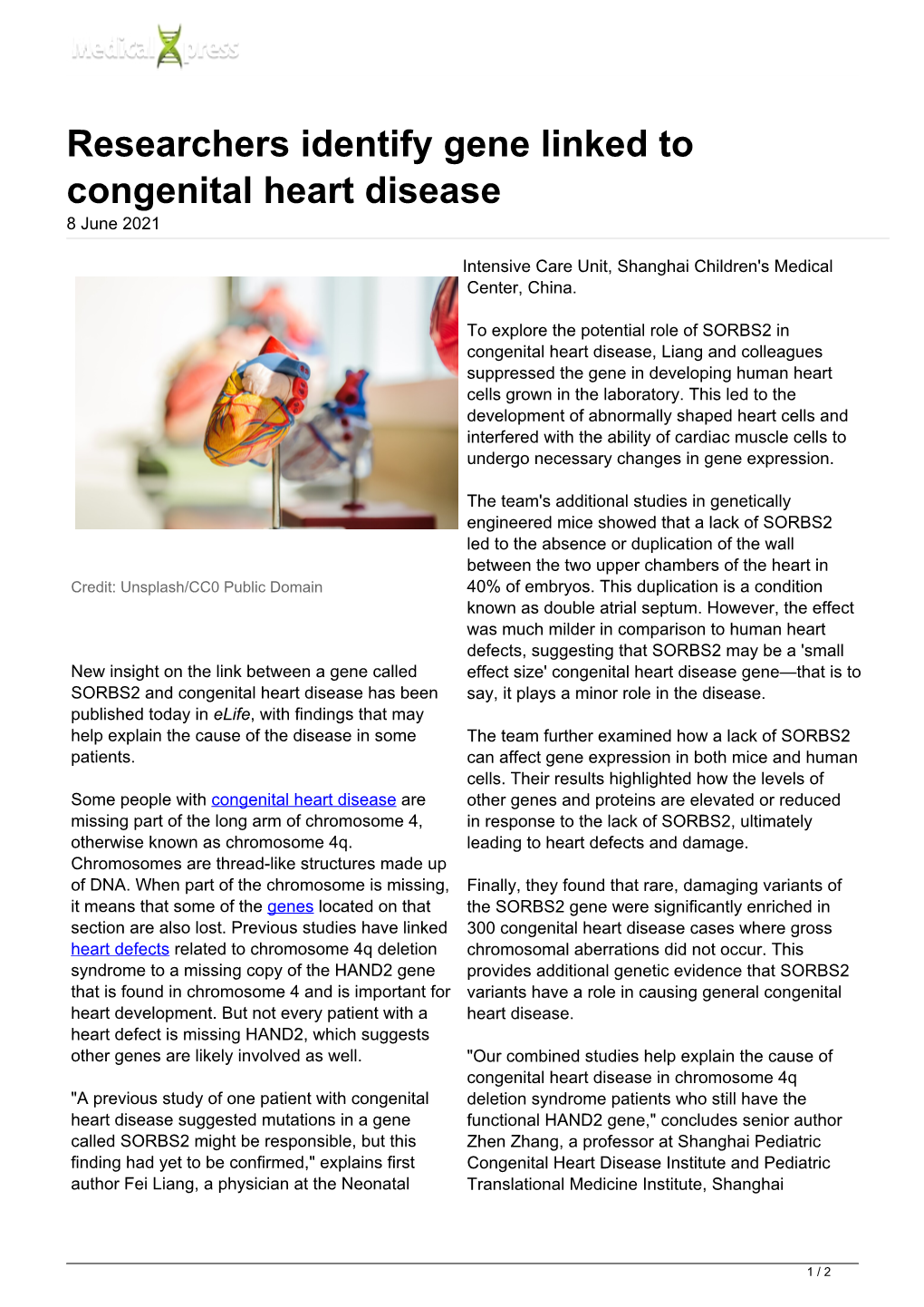 Researchers Identify Gene Linked to Congenital Heart Disease 8 June 2021