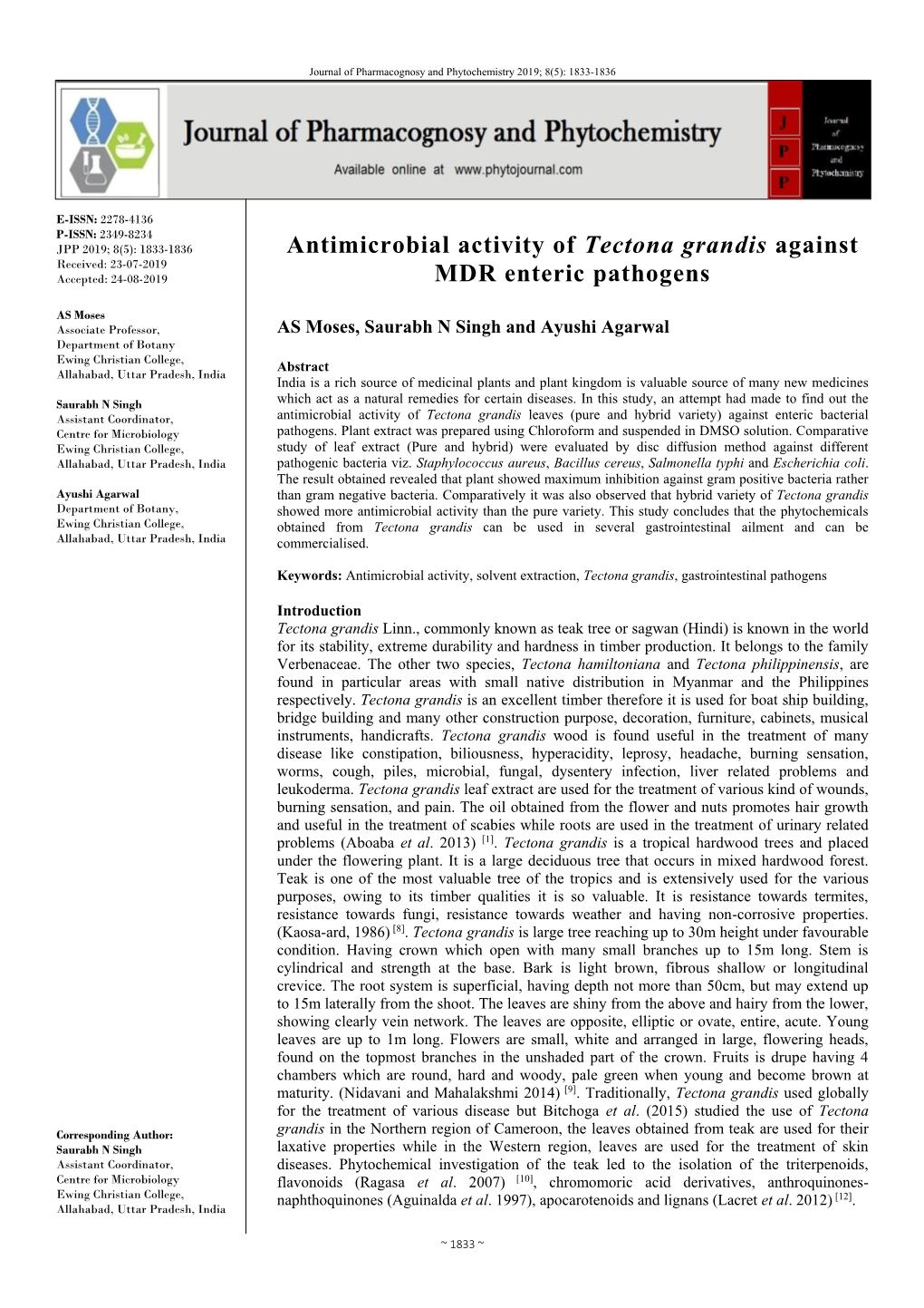 Antimicrobial Activity of Tectona Grandis Against MDR Enteric