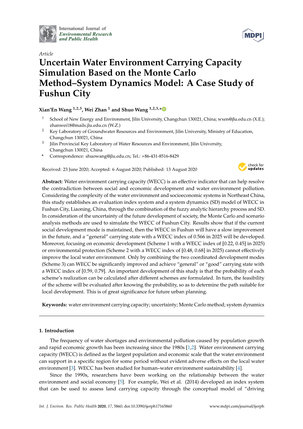 Uncertain Water Environment Carrying Capacity Simulation Based on the Monte Carlo Method–System Dynamics Model: a Case Study of Fushun City