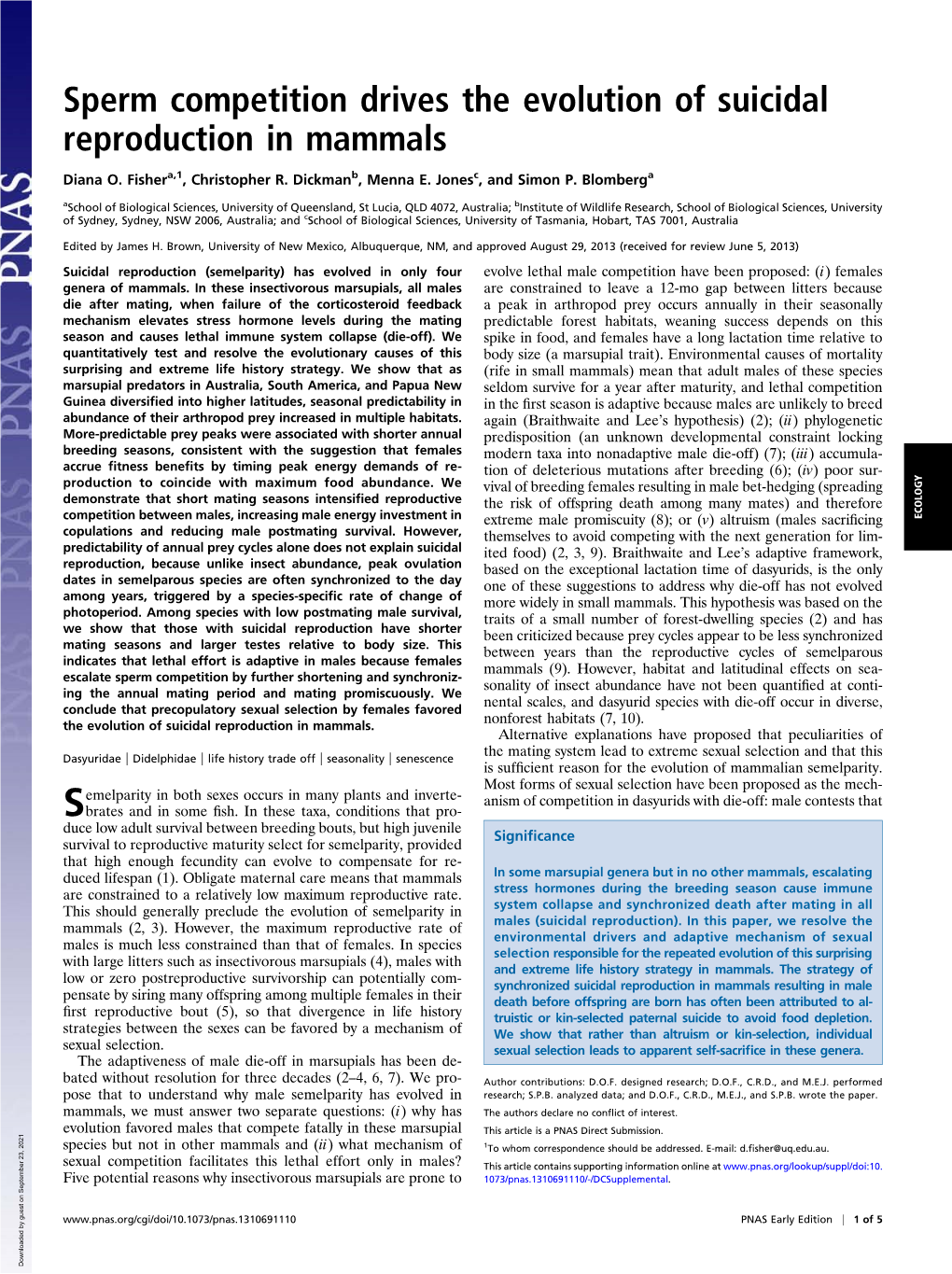 Sperm Competition Drives the Evolution of Suicidal Reproduction in Mammals