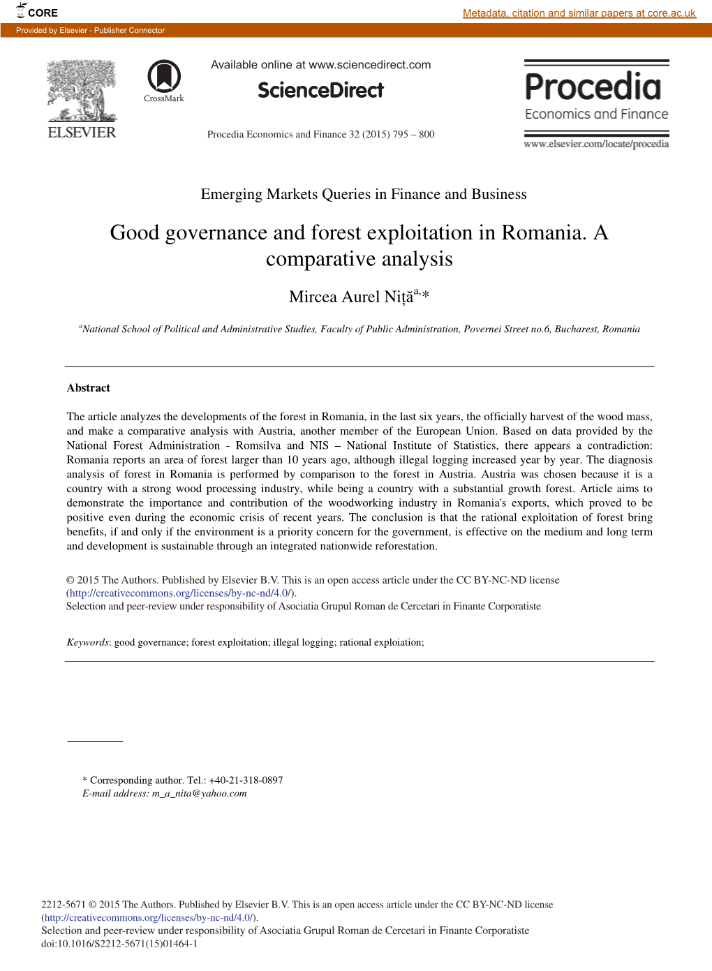 Good Governance and Forest Exploitation in Romania. a Comparative Analysis