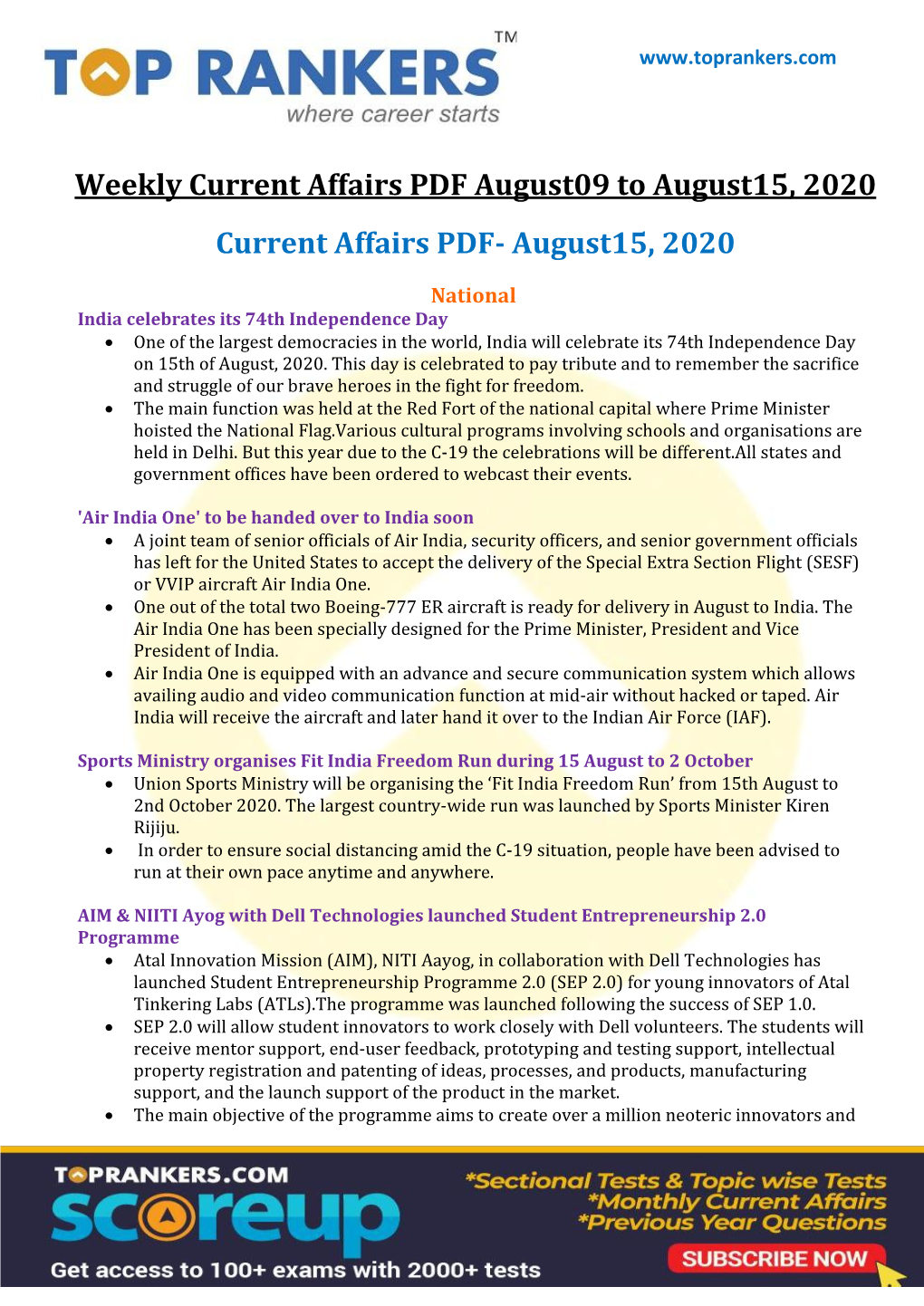 Current Affairs PDF August09 to August15, 2020