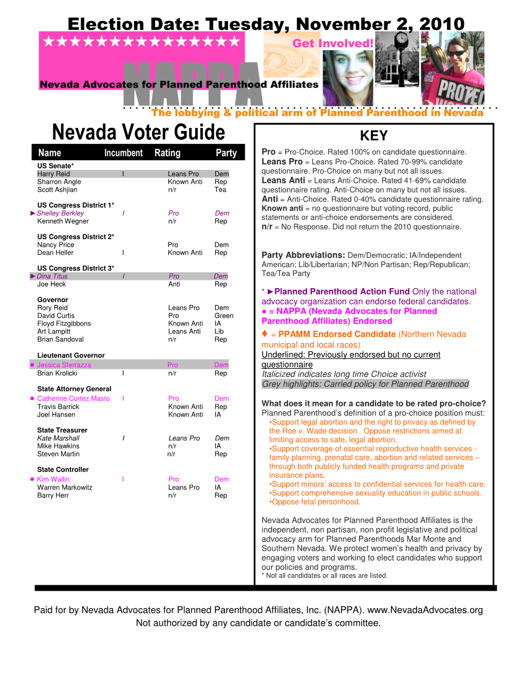 Nevada Voter Guide KEY Pro = Pro-Choice