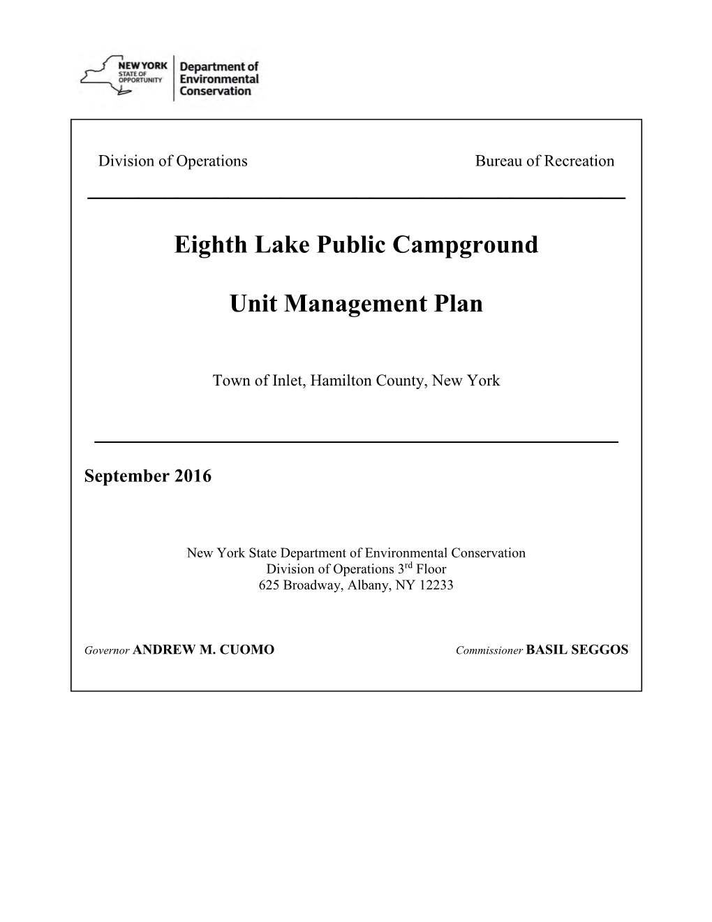 Eighth Lake Public Campground Unit Management Plan