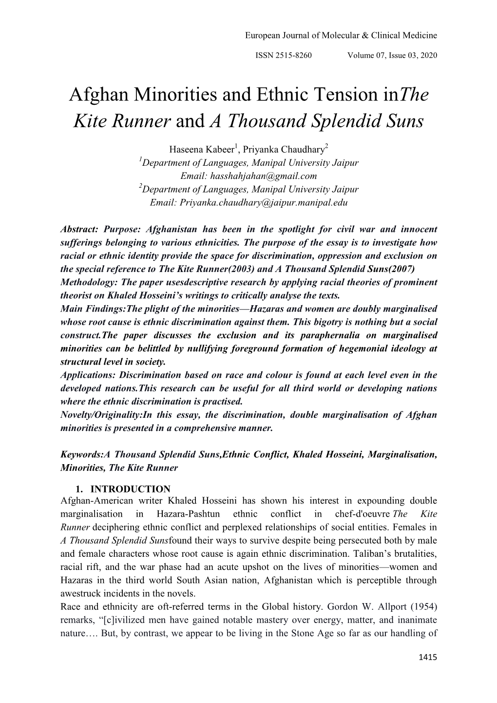 Afghan Minorities and Ethnic Tension Inthe Kite Runner and a Thousand Splendid Suns