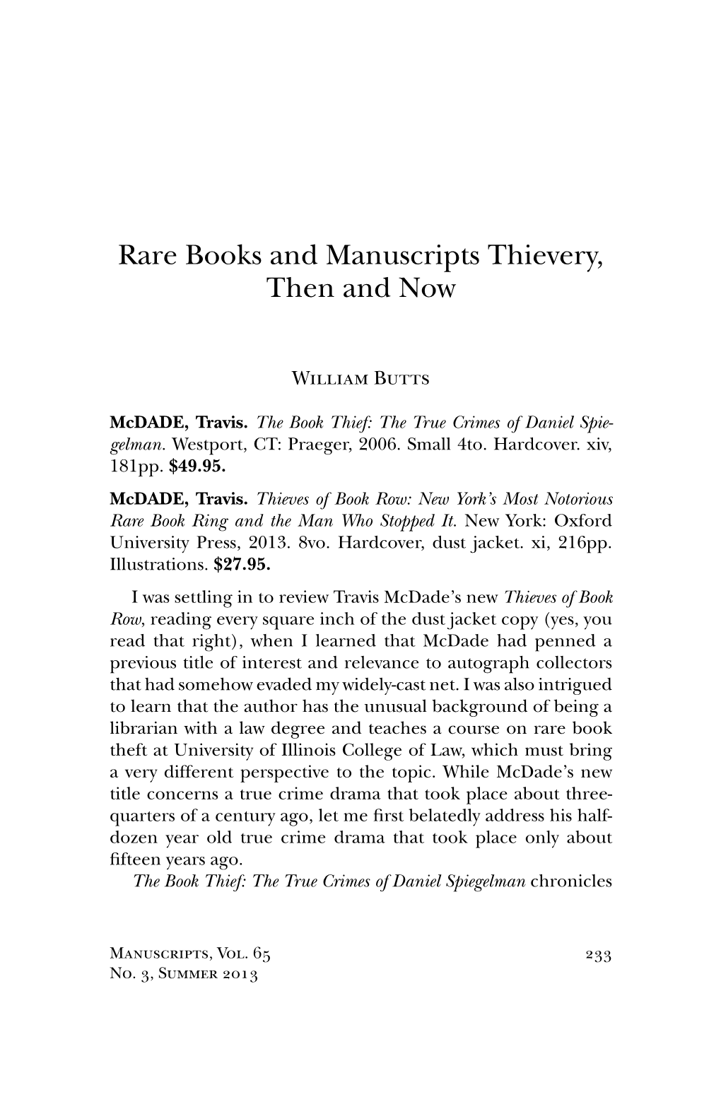 Rare Books and Manuscripts Thievery, Then and Now