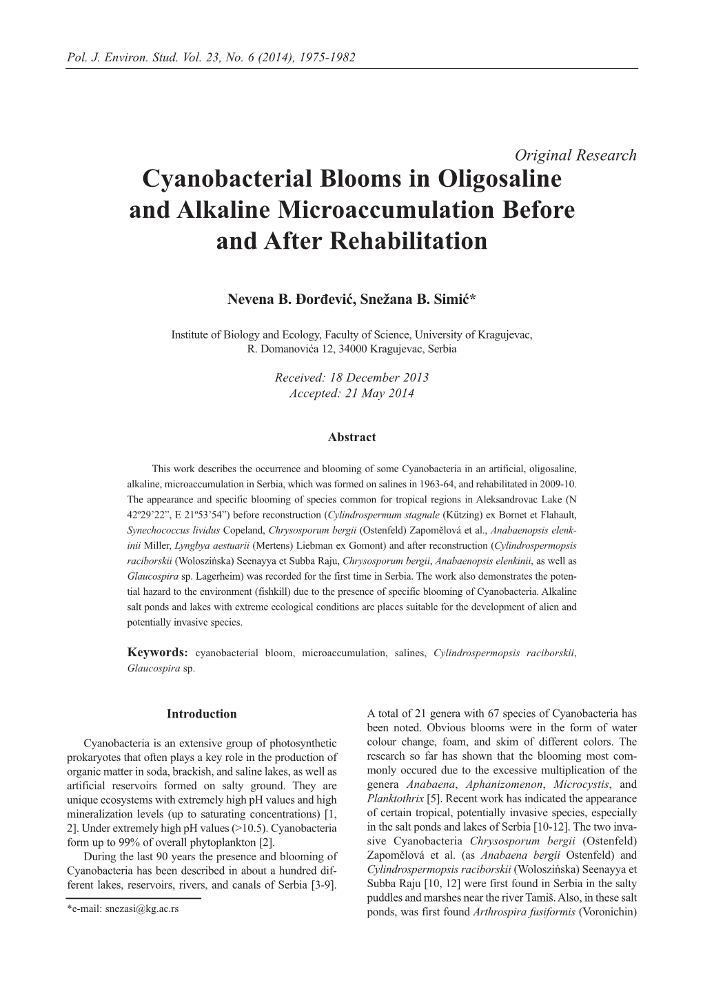 Cyanobacterial Blooms in Oligosaline and Alkaline Microaccumulation Before and After Rehabilitation