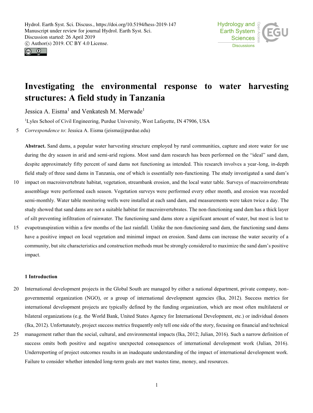 Investigating the Environmental Response to Water Harvesting Structures: a Field Study in Tanzania Jessica A