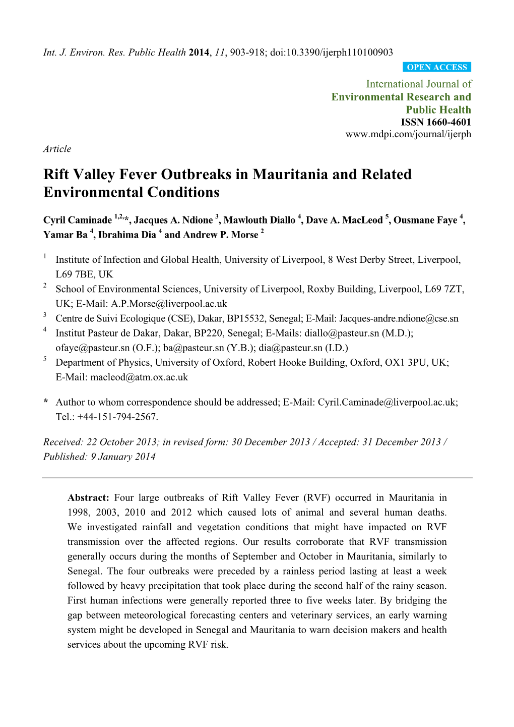 Rift Valley Fever Outbreaks in Mauritania and Related Environmental Conditions