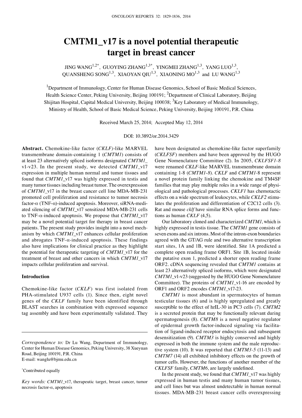 CMTM1 V17 Is a Novel Potential Therapeutic Target in Breast Cancer