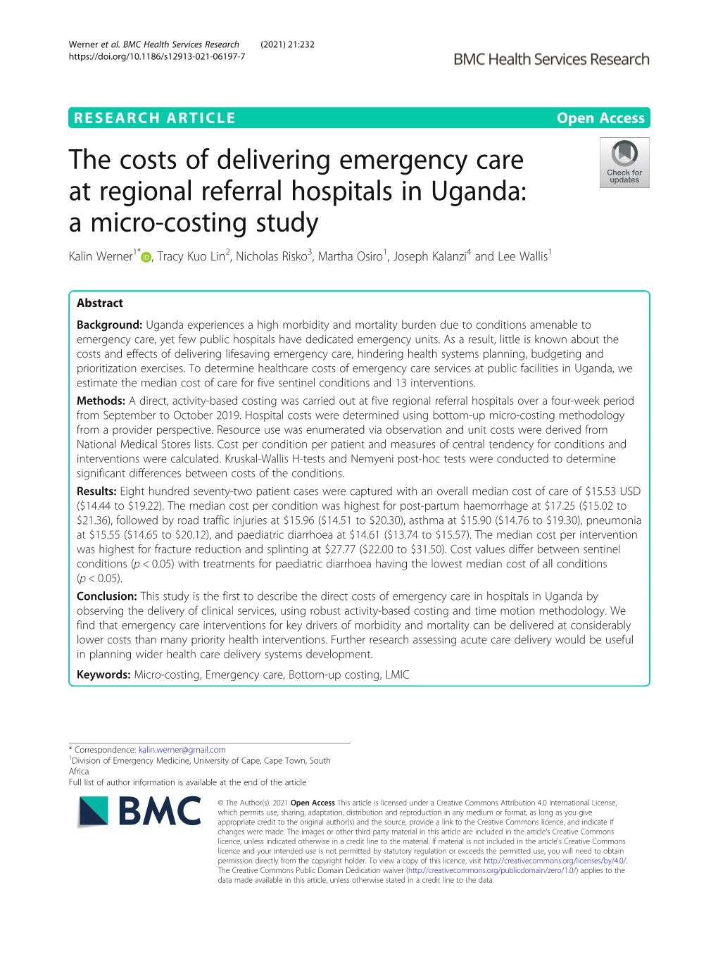 The Costs of Delivering Emergency Care at Regional Referral Hospitals In