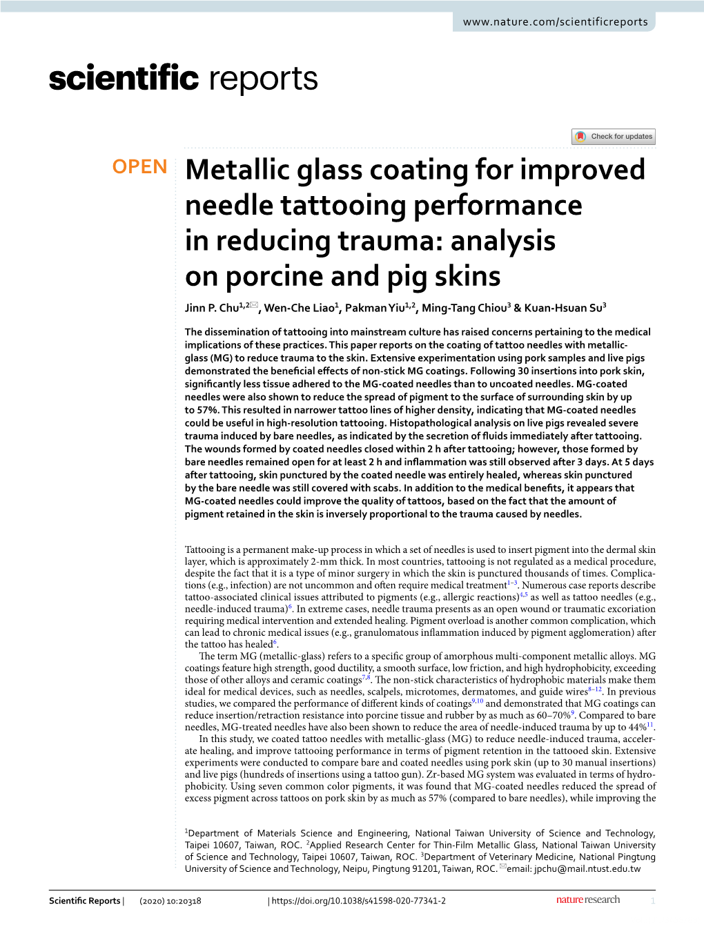 Metallic Glass Coating for Improved Needle Tattooing Performance in Reducing Trauma: Analysis on Porcine and Pig Skins Jinn P