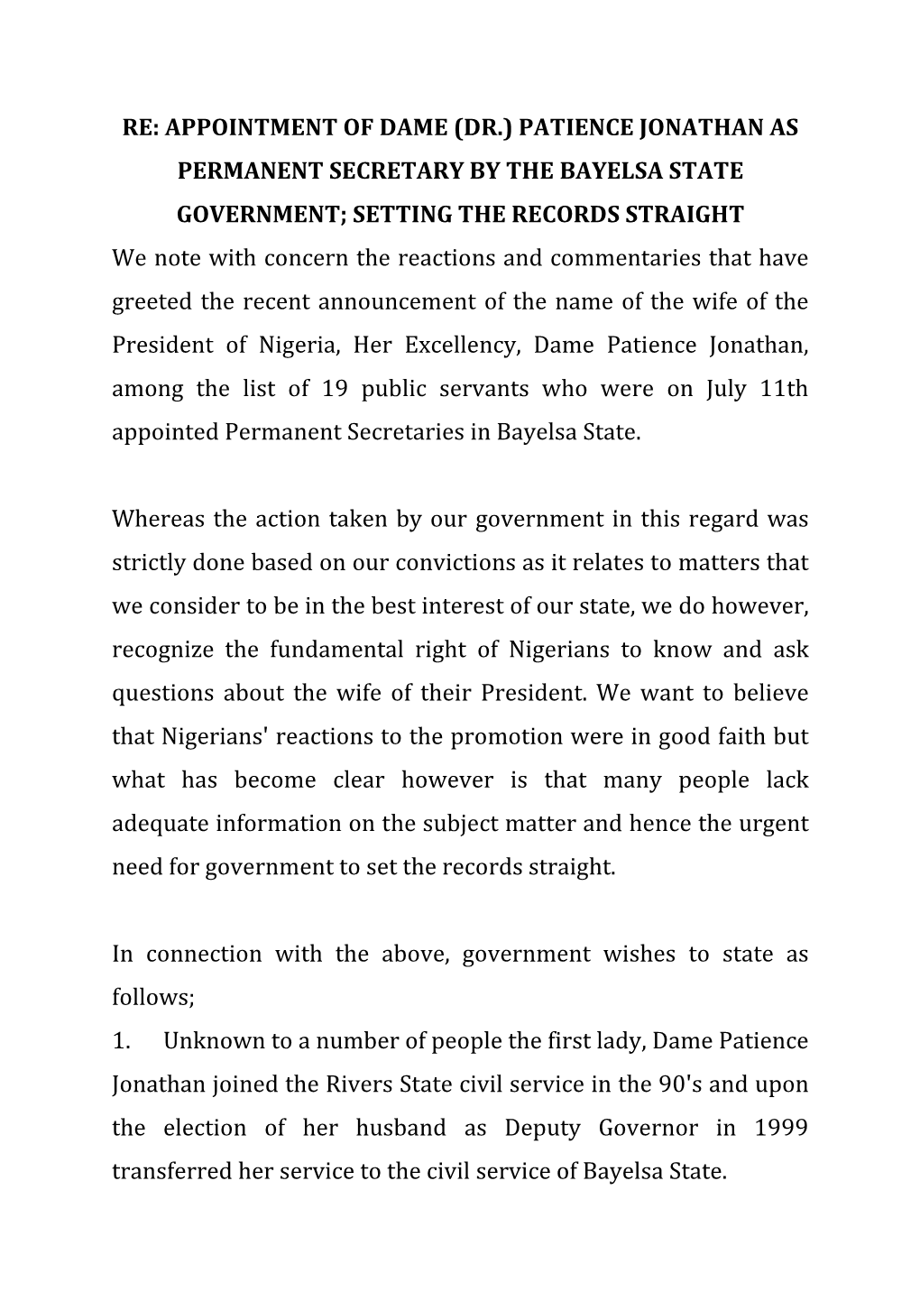 Bayelsa Government Press Statement